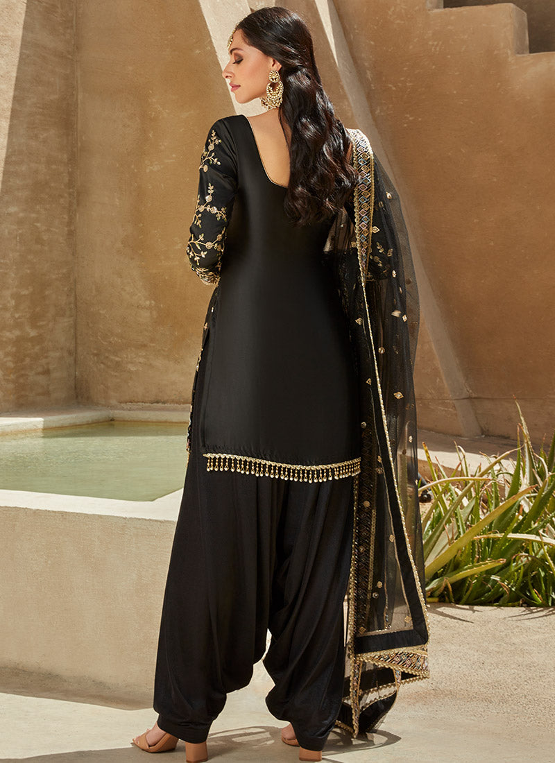 Navy blue Cotton and satin Patiala Suits - PS2089